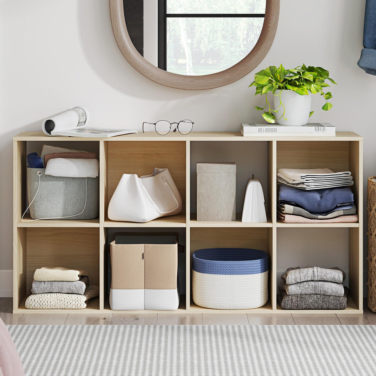 Signature Design by Ashley Piperton 8 Cube Storage Organizer, Natural Finish Over Replicated Ash Wood Grain, Vertical Floor Mount Cubbies for Living Room or Home Office, Light Brown