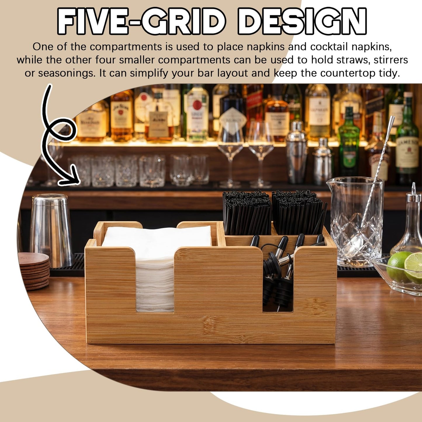 Mifoci Wooden Bar Caddy with 6 Compartments, Bamboo Bar Caddy Napkin & Straw Holder Organizer Cocktail Napkin Holder Condiments for Home Office Kitchen Countertop (Natural, 10.6 L x 5.5 W)