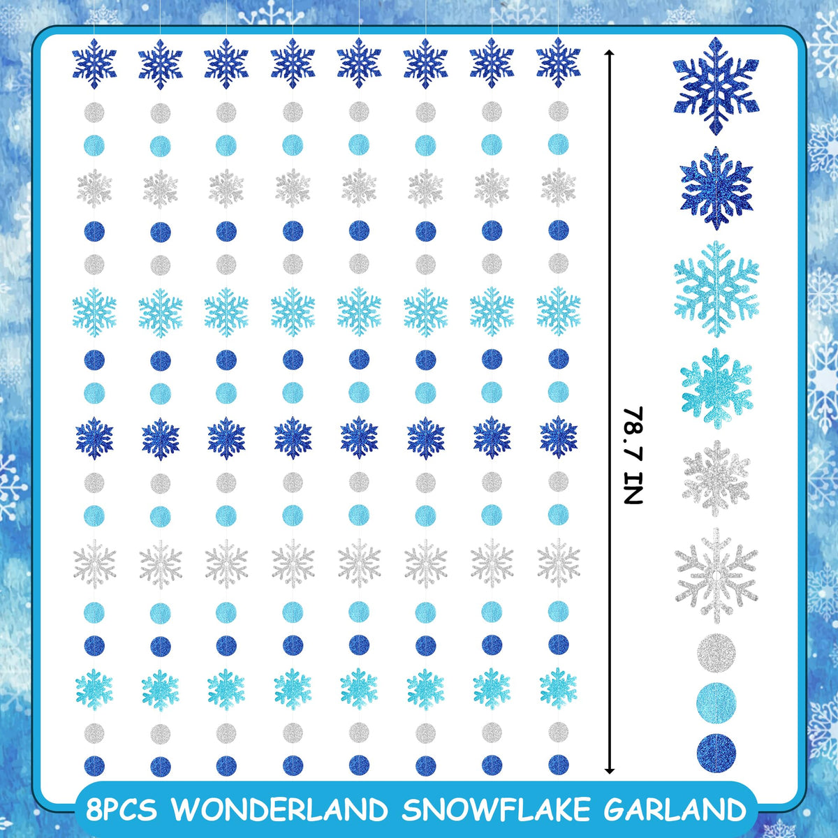 Kriyokiaa 8 PCS Blue Snowflake Garland Set, Double-Sided Glitter Winter Wonderland Hanging Decorations for Baby Shower, Birthday, Holiday Party Backdrop, Navy & Silver Paper Circle Snowflake Strings