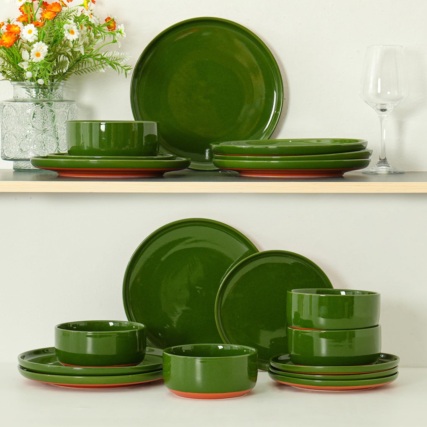 Ruxmirae Stoneware Cereal and Soup Bowls Set of 4, 6-Inch Dual Glaze Ceramic Bowls for Breakfast & Oatmeal, Microwave and Dishwasher Safe, Forest Glaze Green