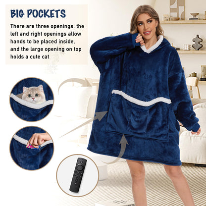 Wearable Blanket Hoodie,Oversized Cat Lovers Sweatshirt Blanket for Adult & Teens,Birthday Gifts for Women Men Mom Girl Boys,Cozy Fuzzy Sherpa Sweatshirt Blanket Giant Pocket Gifts
