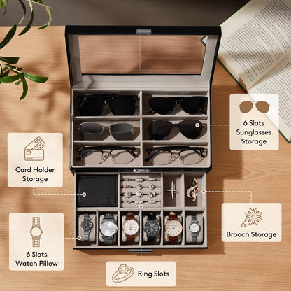 Lifewit 2- layer Sunglasses Organizer with Glass Lid, 6 Slots eyeswear and Watch box, Spaces for Rings, Brooch, Multiple Eyeglasses Display Case for Men, Inky Black, 35 x 20 x 13 cm/14 x 8 x 5 inch