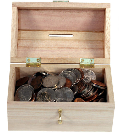 Creative Hobbies Pack of 6 Ready to Decorate Wood Treasure Chest Box Savings Bank with Coin Slot, Hinged Lid and Lockable Front Clasp, DIY Craft