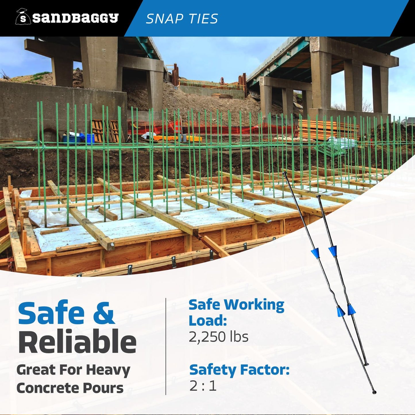 8" Standard Snap Ties for Concrete Forms - 1" Plastic Cones, Integral Heads - 2:1 Safety Factor, 2,250 lbs Working Load - 4 Gauge Steel (Short End - 4.75", 100) - 1 Year Warranty