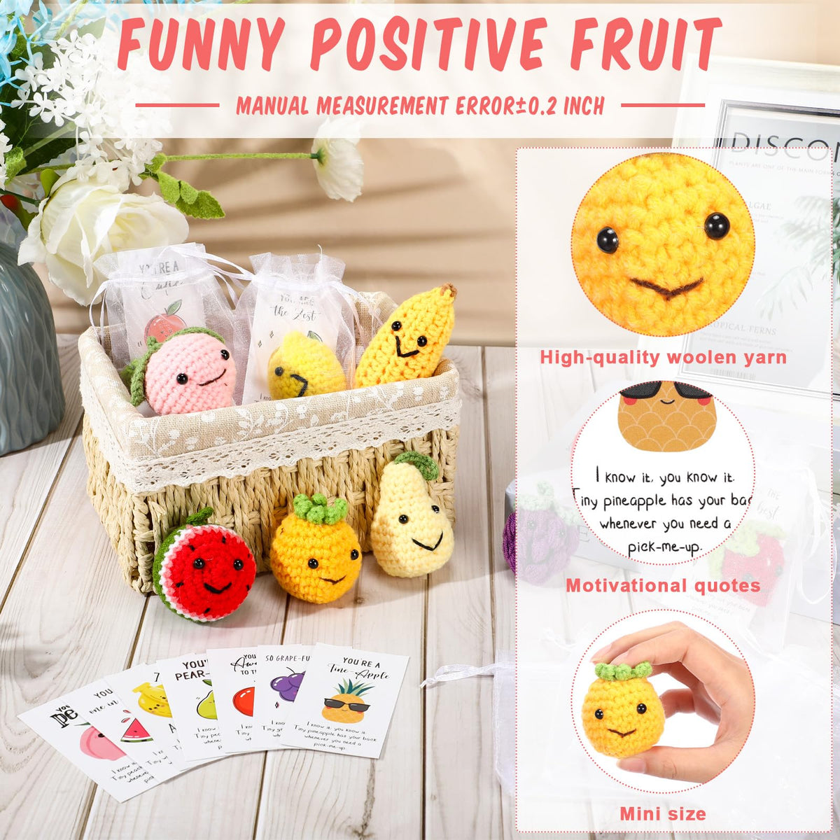 Shappy 30 Sets Dancing Fruit Inspirational Gift Positive Fruit Funny Wool Knitted Mini Coworker Appreciation Gift Motivational Pun Card Graduation Party Favor for Teacher Employee Staff