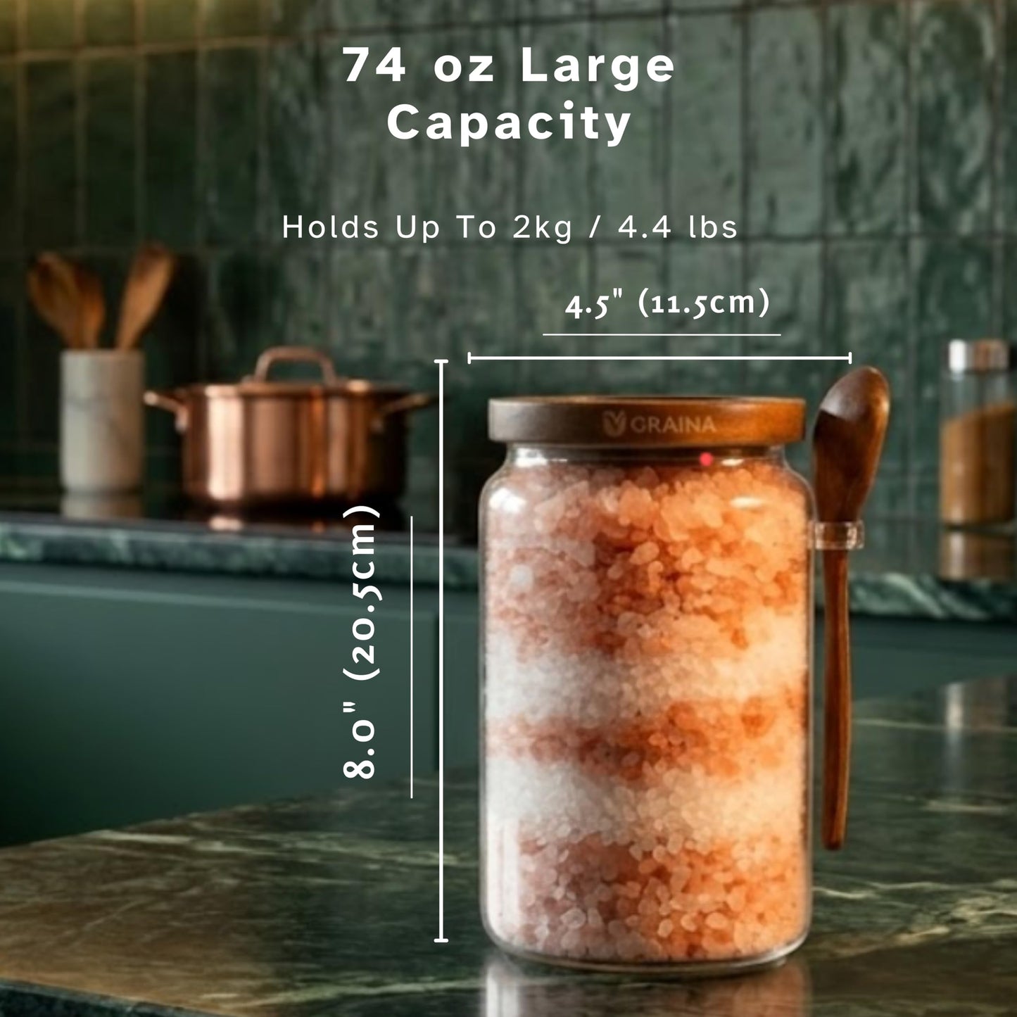 Graina Large Bath Salt Container with Scoop | 74 oz Bath Salt Jar with Lid & Scoop | Airtight Glass Canister, Premium Dark Acacia Lid, Bathroom Storage, Sugar & Coffee Canister, Home Storage