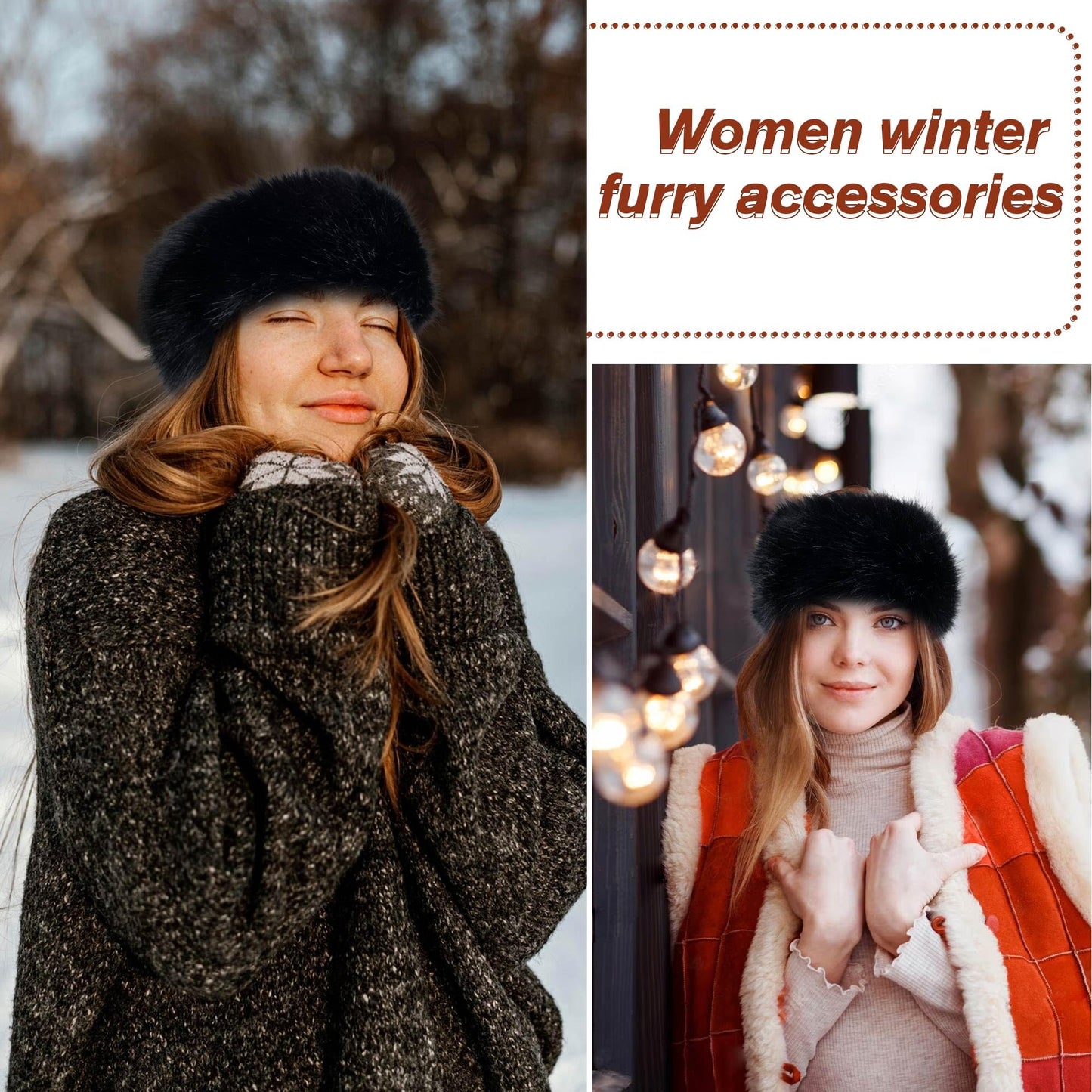 Dikoaina Womens Faux Fur Headband Winter Earwarmer Earmuff Ski, Black, One Size