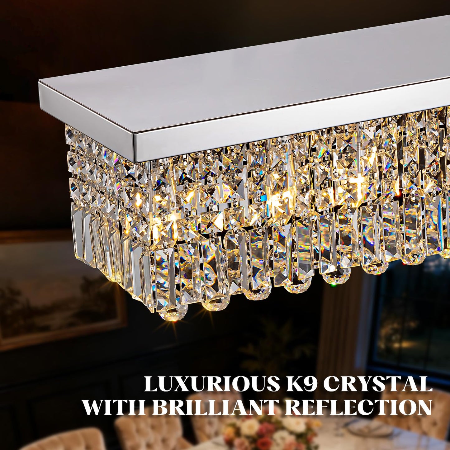 𝐋𝟒𝟎 𝐈𝐧𝐜𝐡 Modern Crystal Chandelier, 8-Lights Rectangle Chandelier Rectangular Flush Mount Pendant Ceiling Light Fixture K9 Crystal Raindrop Chandeliers for Dining Living Room Kitchen Island