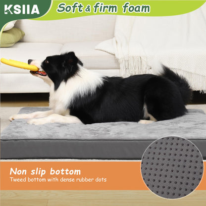 KSIIA Dog Beds Large Washable, Orthopedic Dog Crate Beds with Waterproof Removable Cover, Flat Mattress Non skid Bottom, Pet Beds for Dogs, Grey, 88x55x7cm