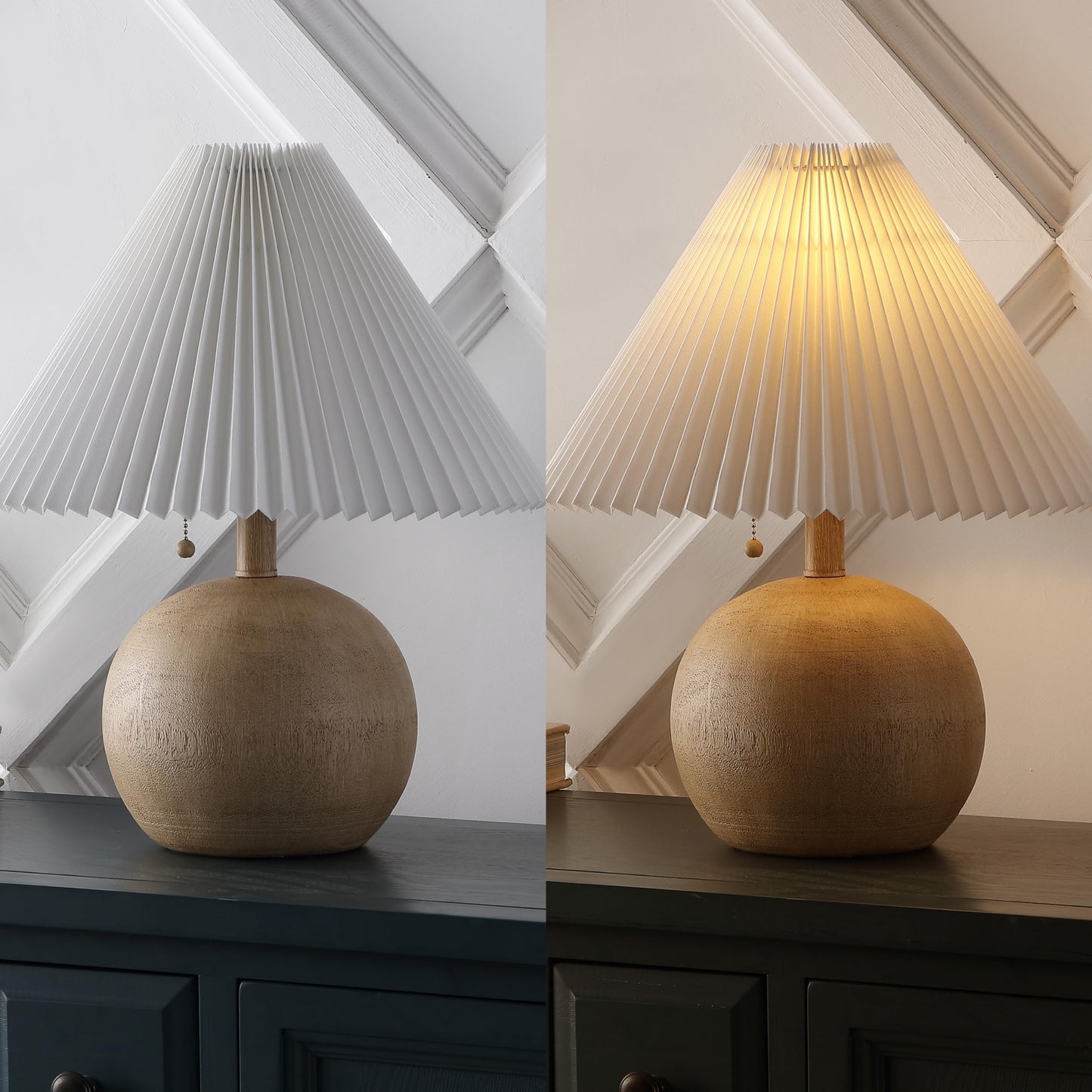 JONATHAN Y 17.25" Beige Wood Finish/White Sphere Table Lamp, Mid-Century Bedside Nightstand with Beige Pleated Linen Shade, Scandinavian Coastal Style, LED Bulb Included (JYL1145B)