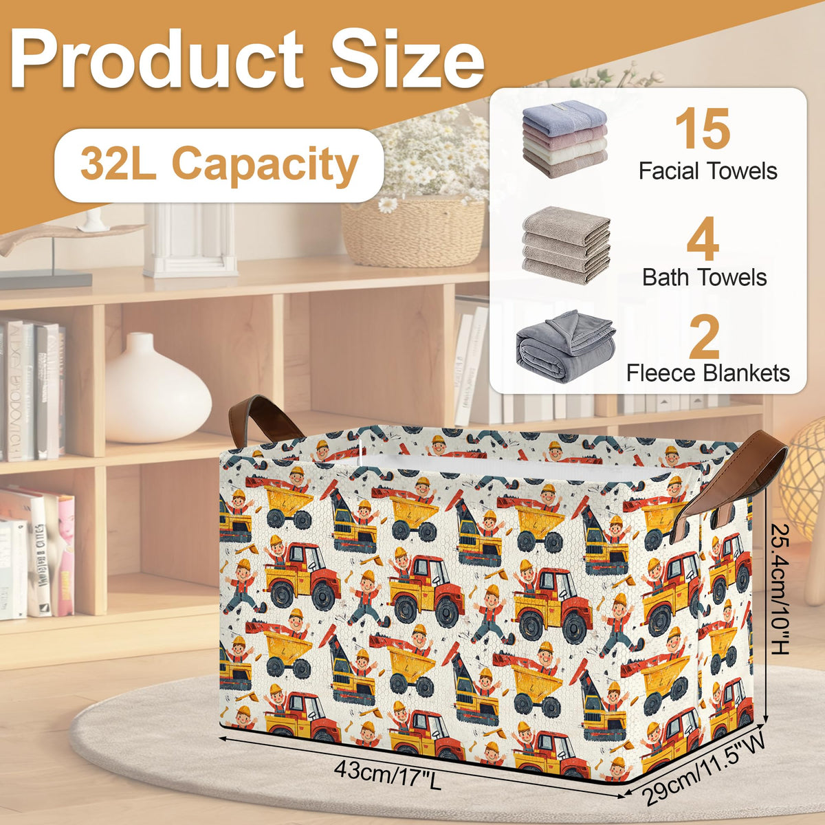 Oeaskly Storage Bins with Handles, Oxford Cloth Storage Basket with Sturdy Frame, Car Excavator Collapsible Organizer for Closet, Shelf, Clothes, Towels, Home Storage