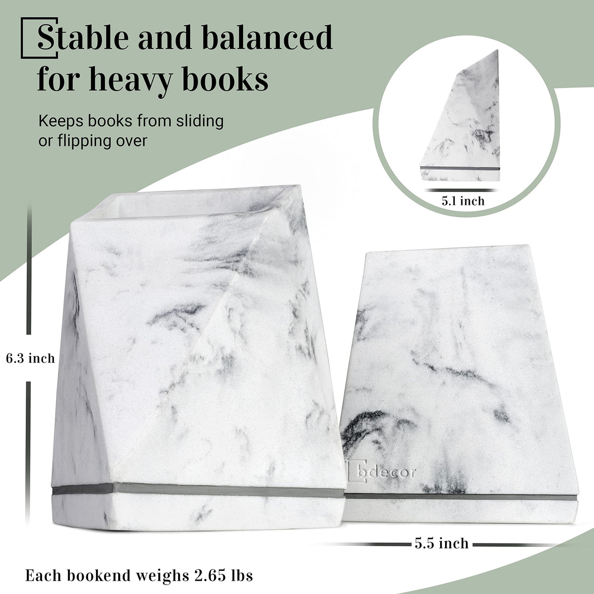 BDECOR Marble Style Bookends - Decorative, Heavy Duty Book Holder for Shelves, Non Skid, Unique Design (White)