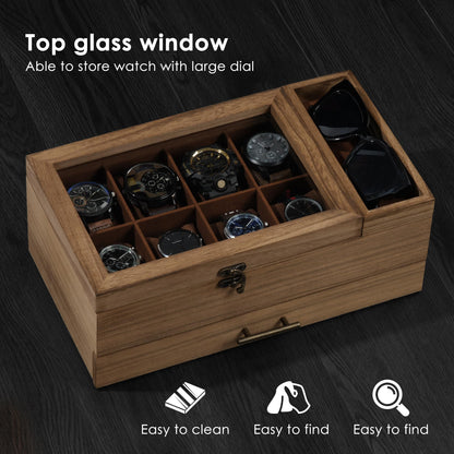 GALHUBIS Watch Box with Tray, 2-Tier Watch Case for Large Dial Watches, 8-Slot Watch Display Case with Lid, Removable Watch Pillows, Drawer, Gifts for Men Women, Watch Organizer, Jewelry Box, Walnut