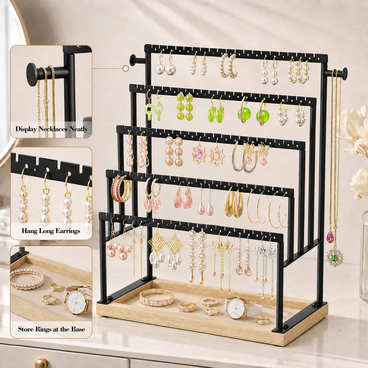 TIPSYTREE 5 Tier Earring Holder Organizer with Attached Wooden Tray, Large Earring Storage for Studs Hoops Dangle Earrings, Black Metal Earring Display Stand for Dresser or Vanity Table