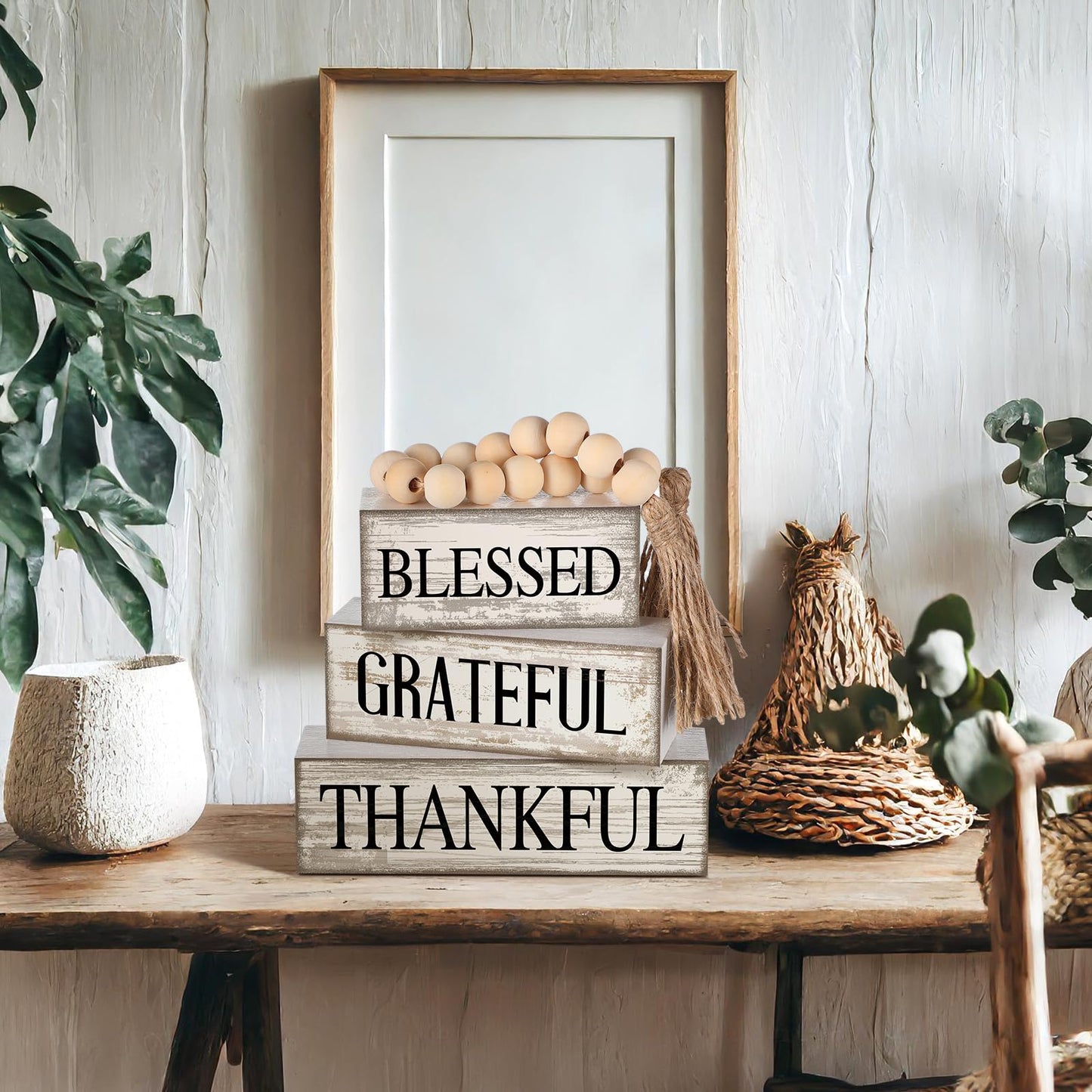 4 Pcs Farmhouse Wooden Tabletop Decor Neutral Farmhouse Tiered Tray Decor Rustic Retro Wood Bead Garland Blessed Grateful Thankful Block Sign Centerpiece for Coffee Home Office Shelf Mantle Table