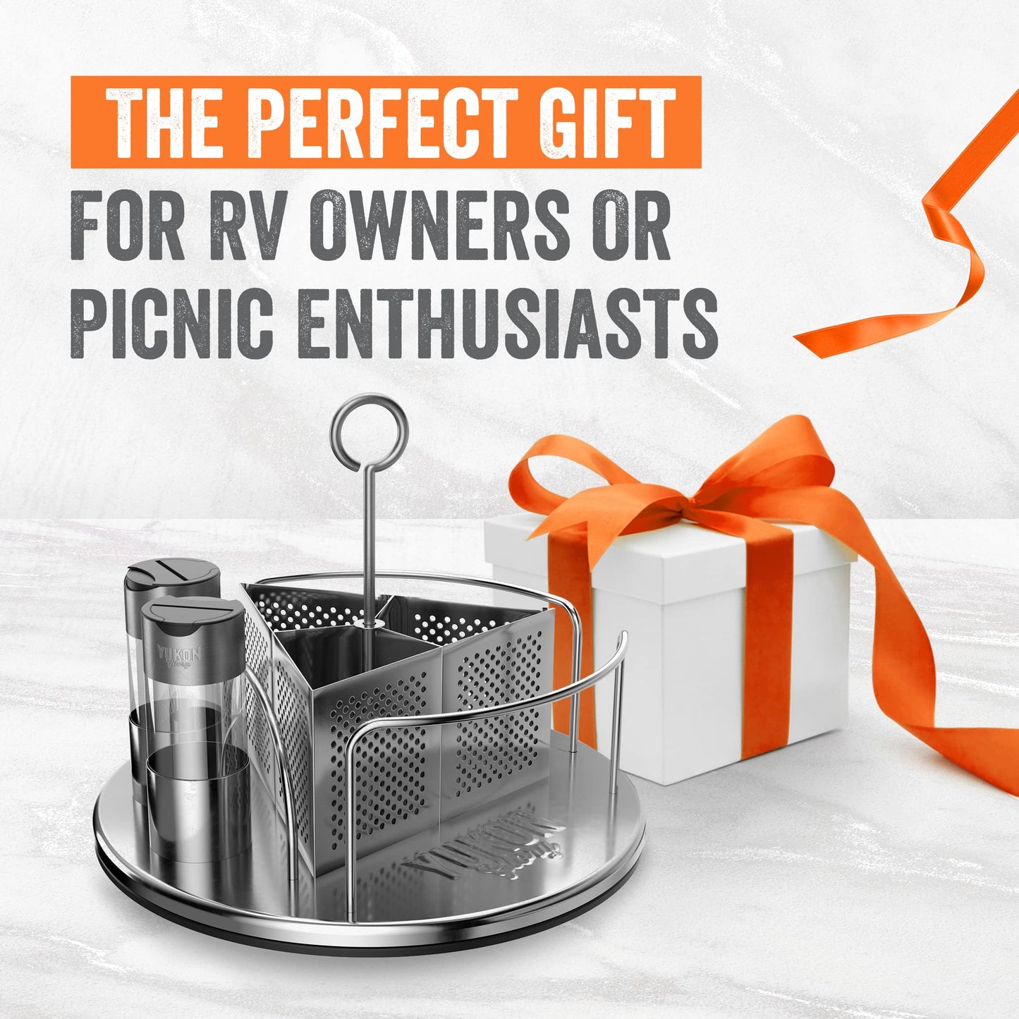 Yukon Glory Rotating Condiment Caddy | Commercial-Grade Stainless Steel | 360-Degree Rotation | 2 Glass Salt & Pepper Shakers | Carry Handle | Patent Pending | Outdoor Grill & Patio