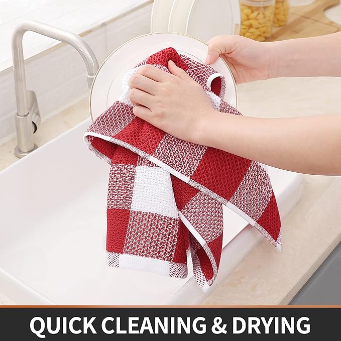 Homaxy 100% Cotton Waffle Weave Check Plaid Kitchen Towels, 13 x 28 Inches