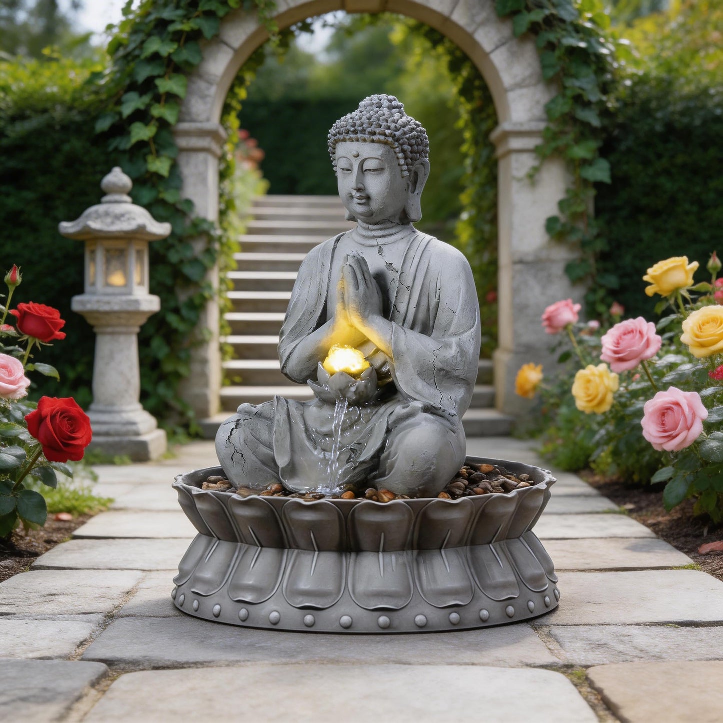 Tolevoit Outdoor Water Fountains Seated Buddha Lotus Help Meditation, Relaxation, and Tranquility with Warm LED Lights Fit Yard, Garden, Lawn