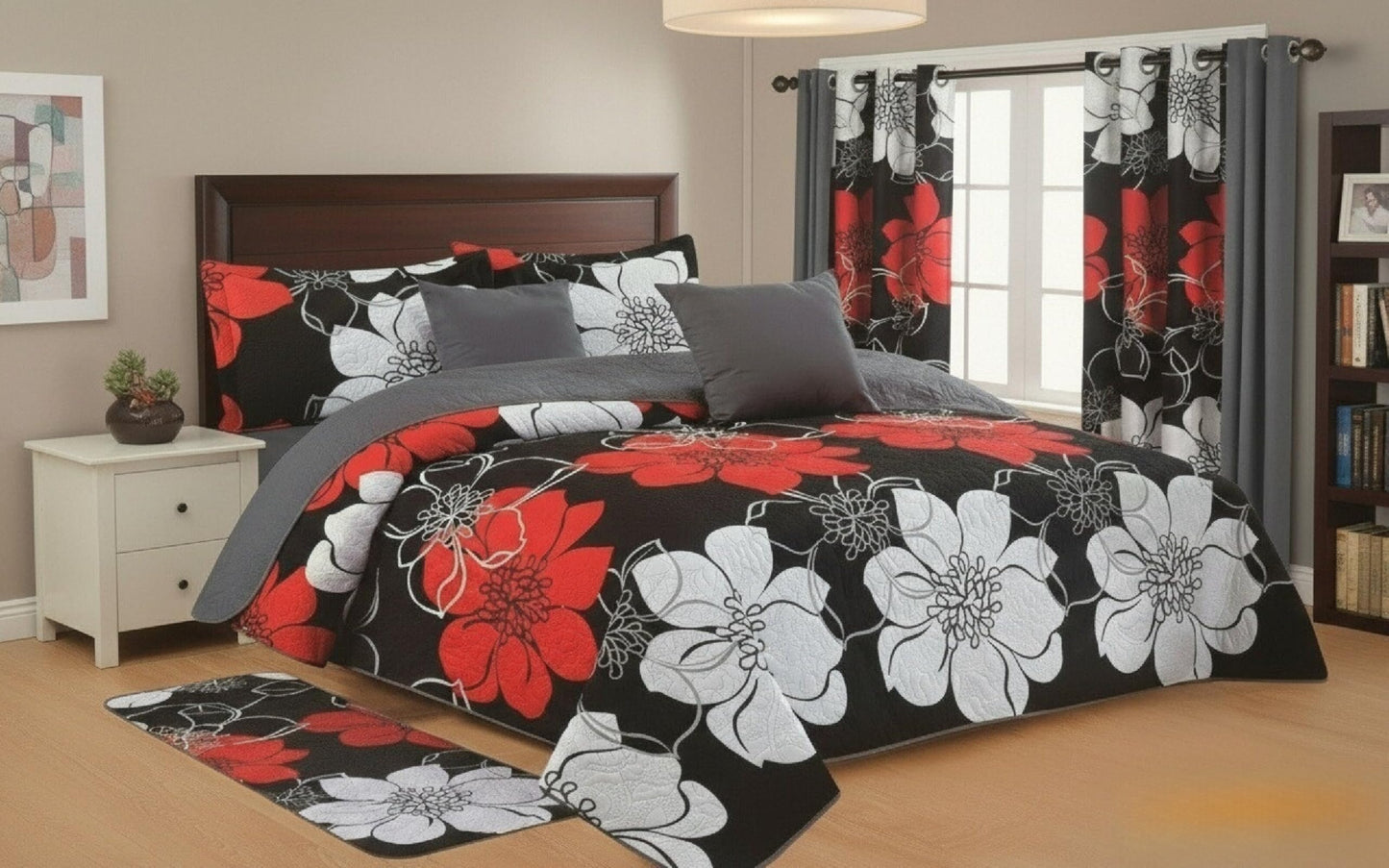 JKCCZLL Queen Size Quilt 12 Piece Set Floral Bedding with Matching Curtains Fitted Sheet Black Queen