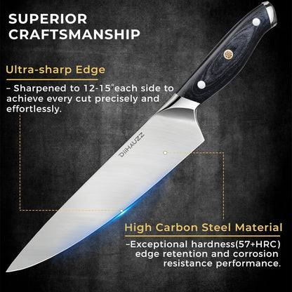 DiiHAUZZ Chef Knife, 8 Inch Ultra Sharp Kitchen Knife, Professional High Carbon Steel Chefs Knife with Full-Tang Ergonomic Handle for Kitchen, Gift Box for Mothers Day Gift