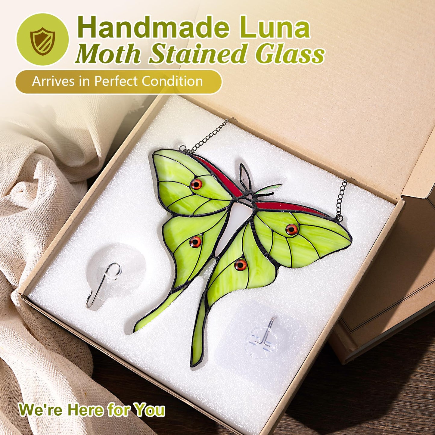 Luna Moth Stained Glass Window Hanging - Handmade Real Glass Suncatcher for Meditation Room, Spiritual Decor, Sun Catcher for Windows, Vibrant Gift for Women & Mom, 7.3 Inch Green Glass Art