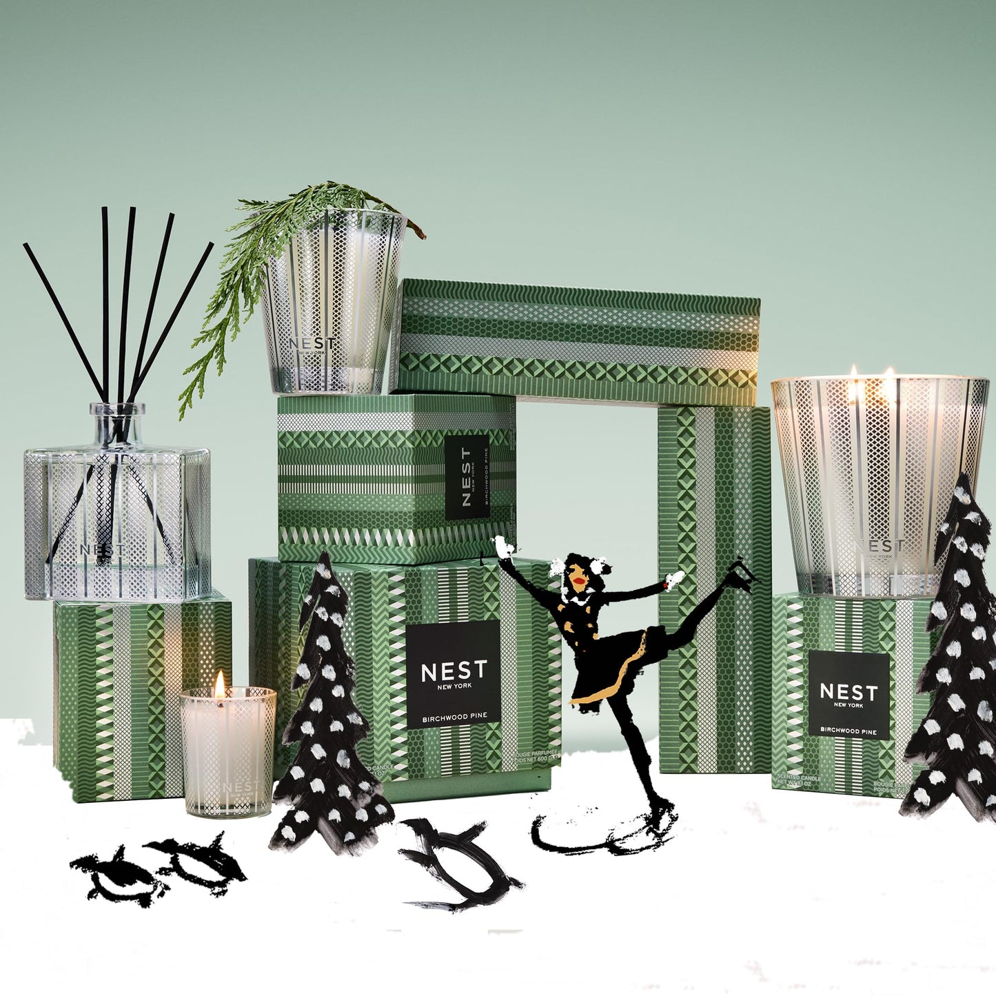 NEST New York Scented 3-Wick Christmas Tree Candle, Birchwood Pine - 21.2 oz - Up to 100-Hour Burn Time - Reusable Glass Vessel