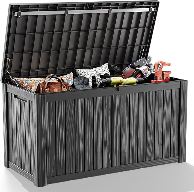 180 Gallon Resin Outdoor Deck Box Waterproof Patio Furniture, Garden Tools, Cushions, Pool Accessories Outside Storage (Black, 180 Gallon)