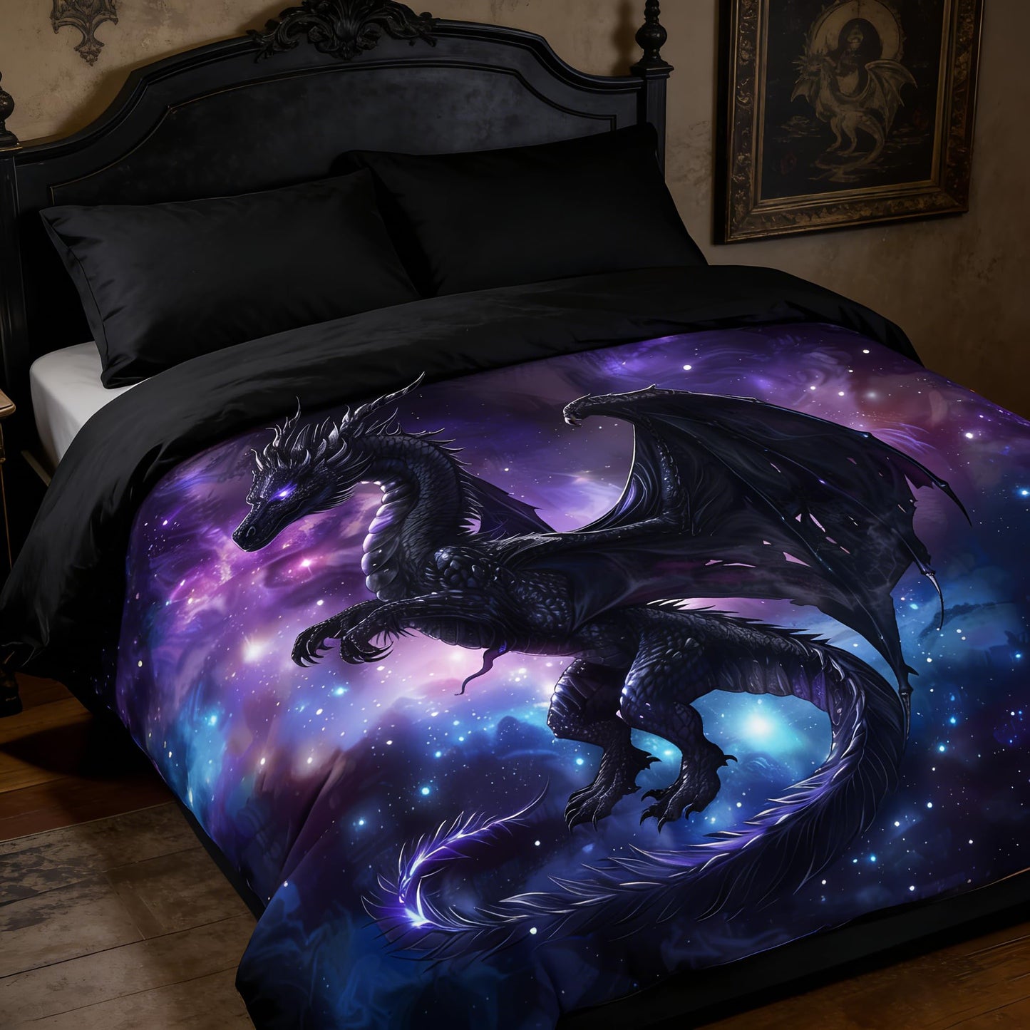 CCoutueChen Fantasy Dragon Bedding Set Purple Blue Nebula Comforter Set Queen Size Mysterious Outer Space Bedding Set for Kids Boys Girls Teens Room Decor Safari Wildlife Animals Quilt Set