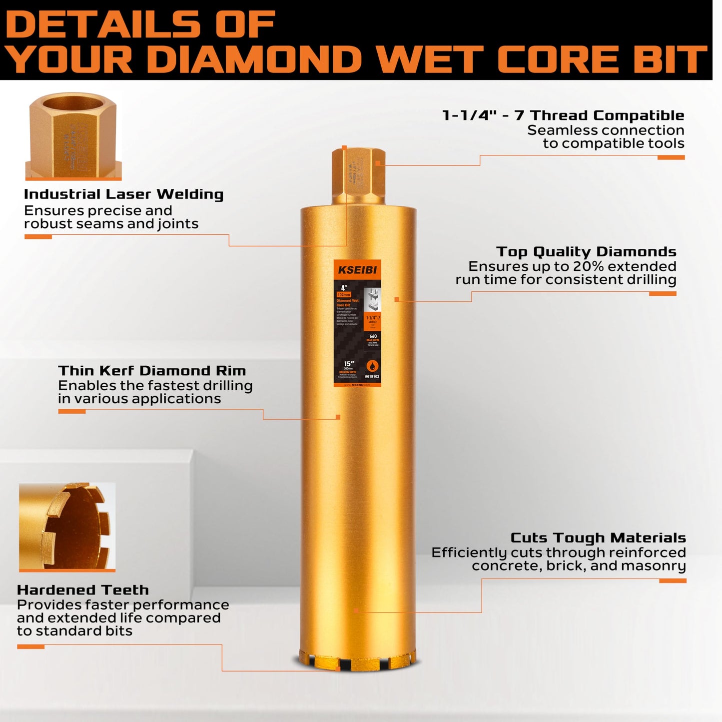 KSEIBI 619254 Wet Concrete Core Drill Bit, 10-Inch Diameter for Drilling Concrete, Marble, Granite, Brick, and Hard Masonry 16-Inch Drilling Depth, 1-1/4"-7 Arbor, 10mm Segment Height Diamond Hole Saw