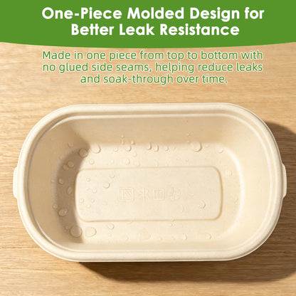 FEHHTO 50-Pack 30oz Disposable Meal Prep Containers with Lids, Sugarcane Pulp Compostable Food Containers + 50 Bamboo Forks, To-Go Food Containers, Microwave & Freezer Safe for Hot or Cold Foods