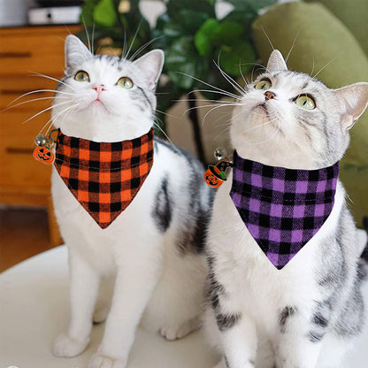 STMK 2 Pack Halloween Cat Bandana Collar with Bell, Breakaway Halloween Cat Kitten Bandana Collar with Bell Pumpkin for Halloween Cats Kittens Costume Decorations, Orange and Purple
