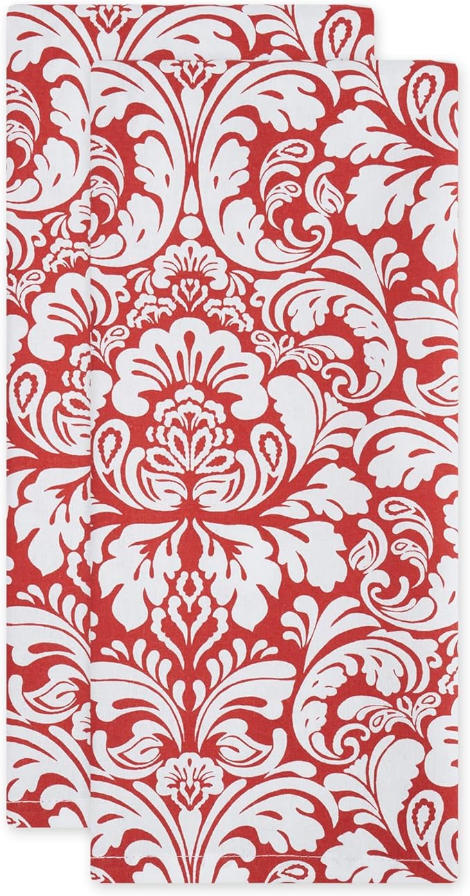 DII Cotton Dish Towel Set Damask Print, Tango Red