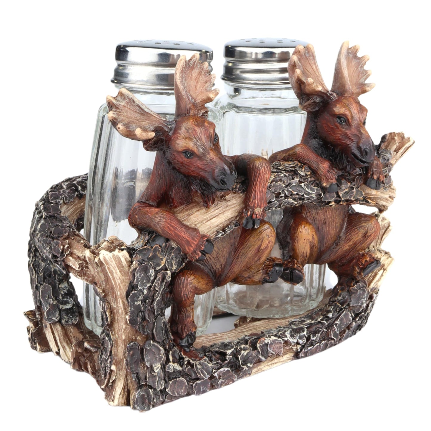 Needzo Moose Salt and Pepper Shakers Set and Holder, Rustic Cabin Kitchen Accessory, Wildlife Themed Keepsake Gift, 4.5x3.3x3.5 Inches