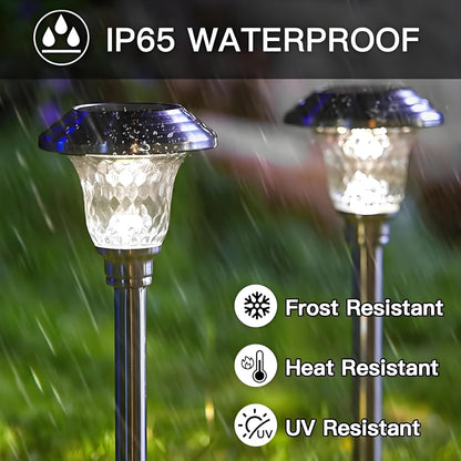BEAU JARDIN 4 Pack Metal Garden Solar Lights Outdoor Waterproof 900mAh LED Solar Stake Lights Weatherproof Glass Lens Stainless Steel Pathway Lighting Sun Powered Landscape Lawn [Energy Class A]