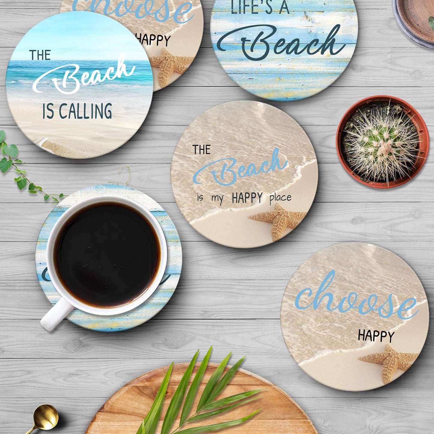 Britimes Coaster for Drinks Set of 6, Beach Shell Antique Teal Blue Table Absorbent Round Ceramic Stone Mat, with Cork Base and Metal Holder, Gift for Housewarming Room Bar Decor