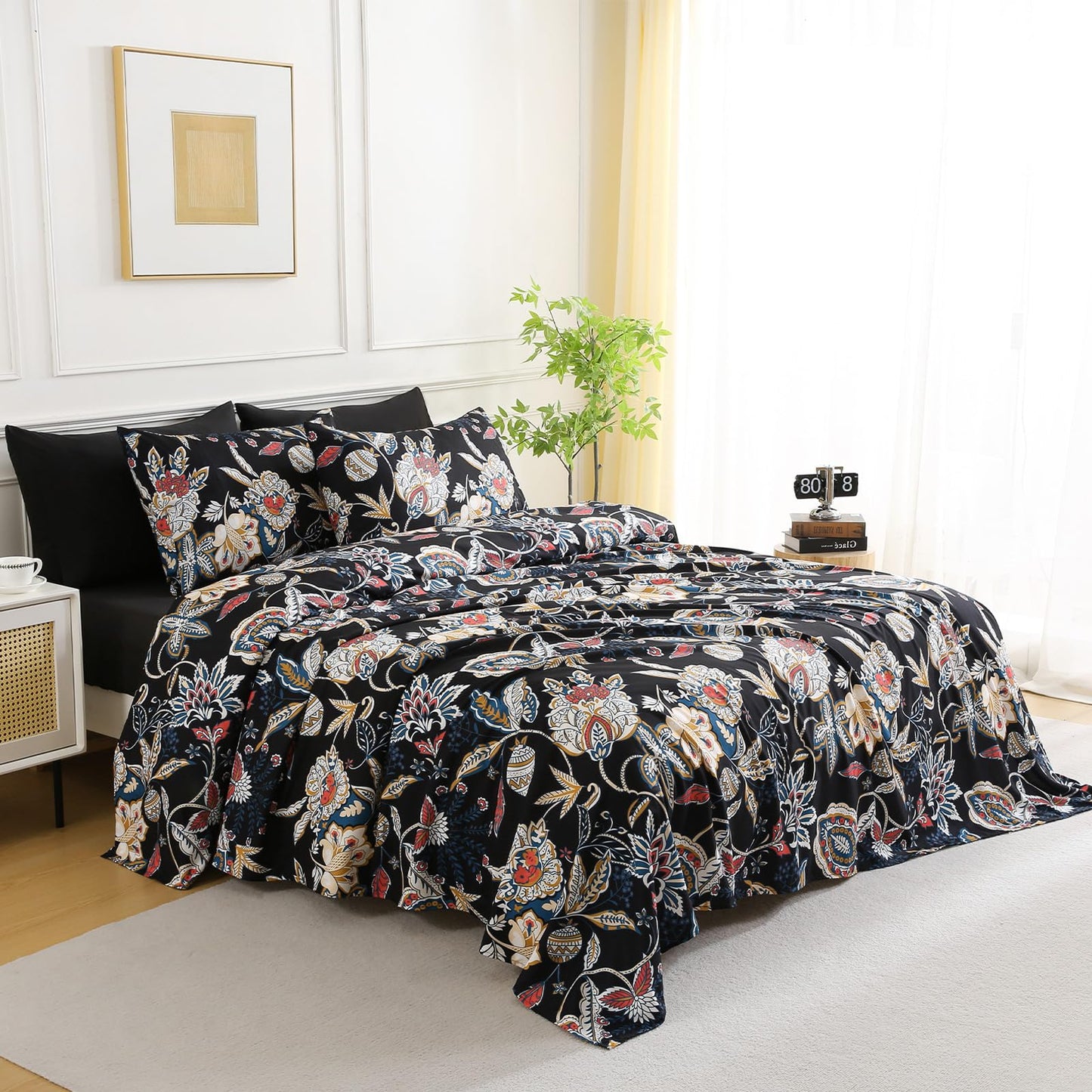 Botanical 6-Piece Full Size Sheets Set, Boho Floral Print Brushed Microfiber Sheets, Cooling Bed Sheet Set, Ultra Soft & Breathable, 16' Deep Pocket Fitted Sheet & Pillowcase Set, Black Floral