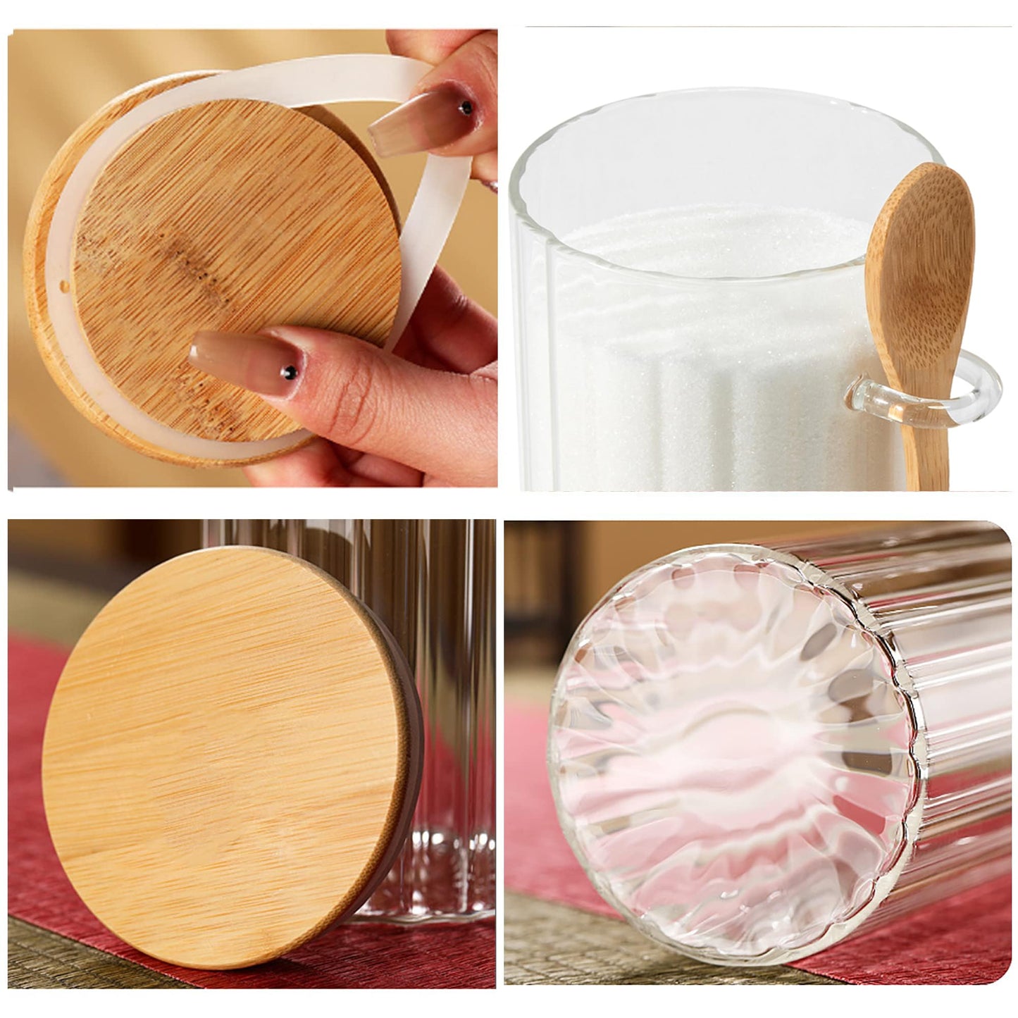 Glass Jar Sugar Container with Bamboo Spoons Lids 16 oz Sugar Bowl Coffee Bar Food Storage Jar Cereal Nuts Salts Coffee Tea Flour Sugar Container Spice（2Pack）