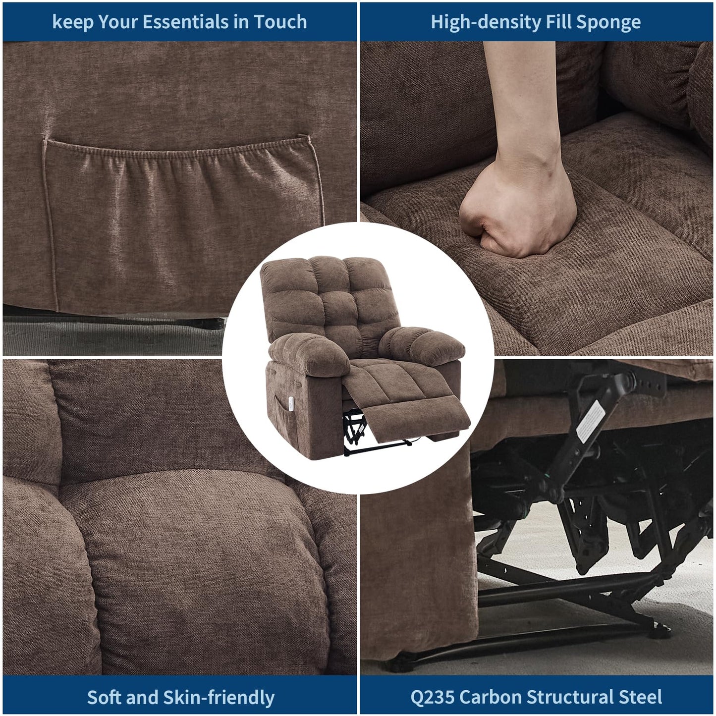 Oversized Recliner Rocking Chair - Wide Overstuffed Recliner with Massage & Heat, Lumbar Support, Side Pockets, Remote Control, Upholstery Soft Sofa Chair for Living Room, Bedroom - Light Brown