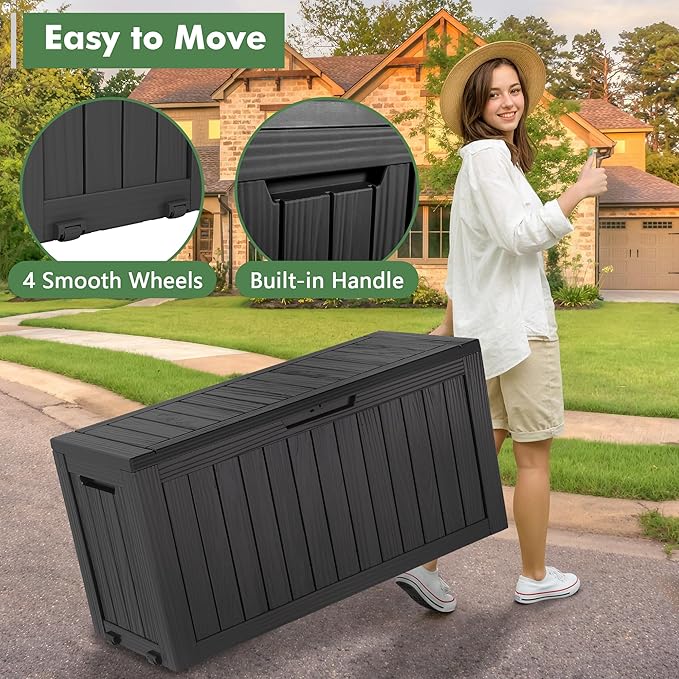 Outdoor Storage Box, Resin Deck Boxes Indoor and outdoor, Waterproof Storage Box Lockable Lid (Black, 80 Gallon)