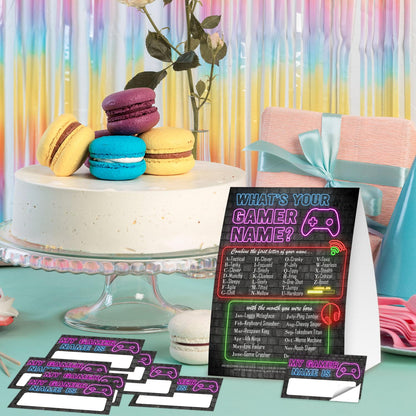 EQIUAG What's Your Gamer Name, Funny Game Night Decorations Cards Set,1 Game Sign and 30 Cards Games, Perfect for Birthday Party Activities