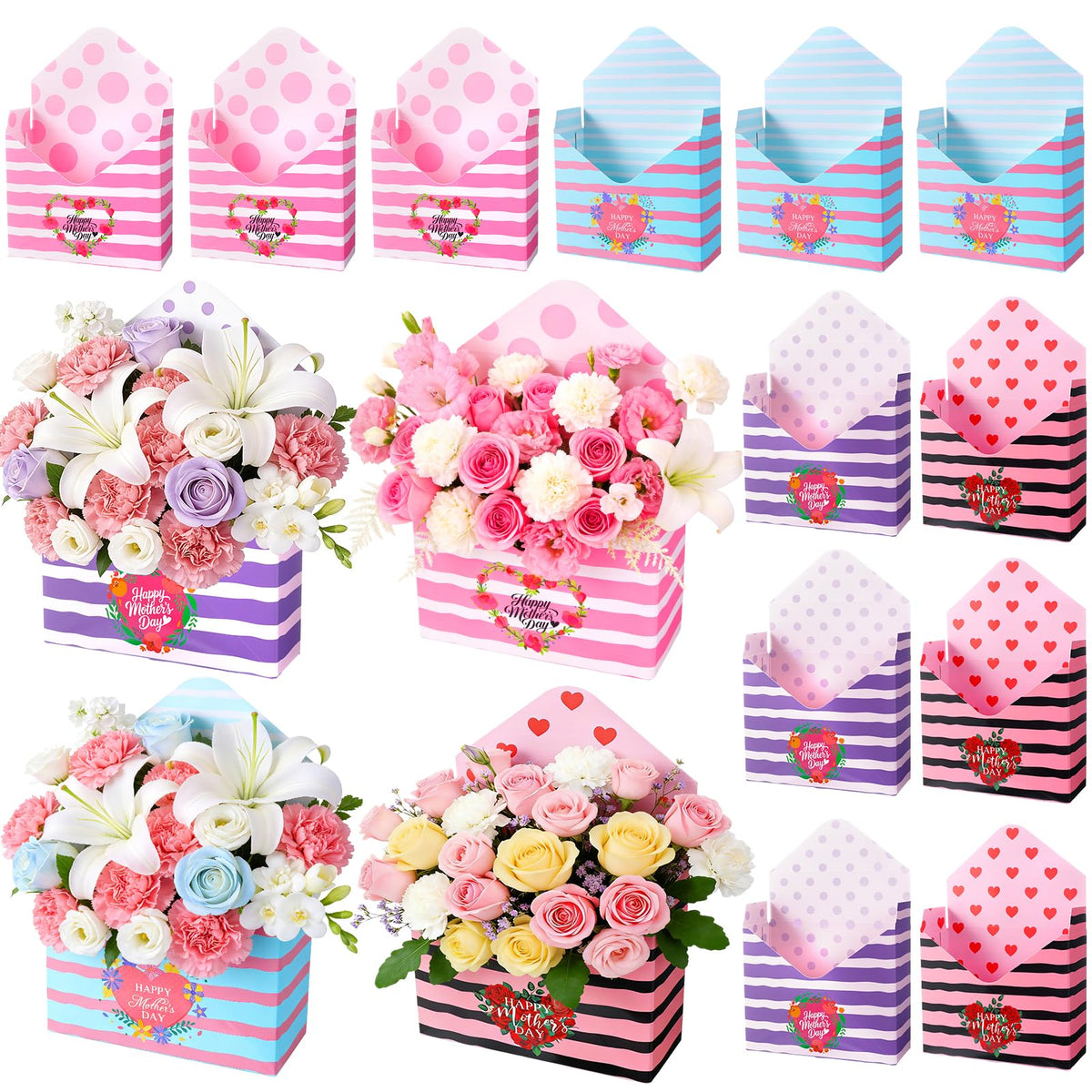 12 Pcs Gifts for Mothers Day Florist Box Mothers Day Bouquet Envelope Boxes Stripe Mother Gifts Floral Envelope Boxes Paper,Flower Bouquet Packaging Gift Box Wrapping for Wedding Birthday Party Decoration