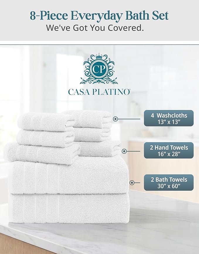 Casa Platino 100% Cotton Luxury Bath Towel Set 8 Pieces
