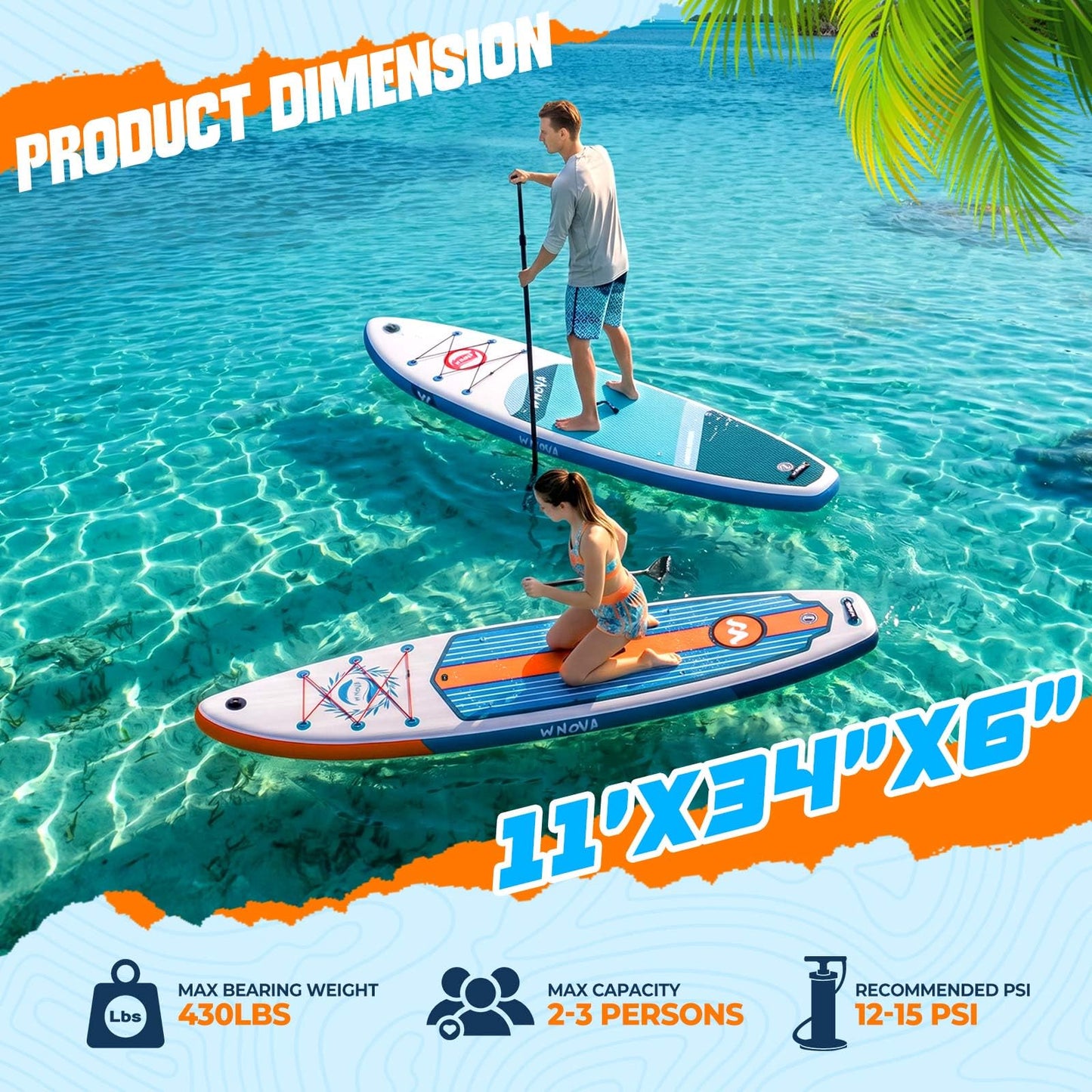 WNOVA 11' Inflatable Stand Up Paddle Board, 34" Extra Wide Stable iSUP for Adults & Youth, with Camera Mount & Premium Accessories, Non-Slip Deck for All Skill Levels (Light Wood Grain/Kayak Seat)