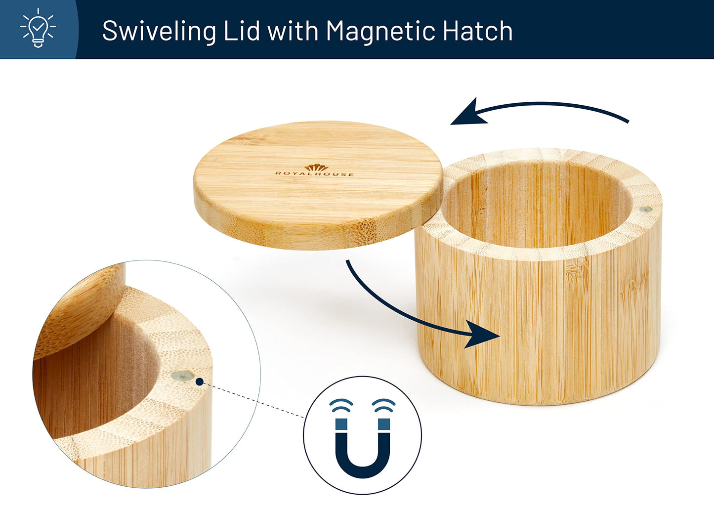 RoyalHouse 6 Oz Capacity Natural Bamboo Salt and Pepper Holder With Bamboo Lid, Salt Cellar With Magnetic Swivel Lid, Healthy Storage Box For Herbs Or Favorite Seasonings (Pack of 4)