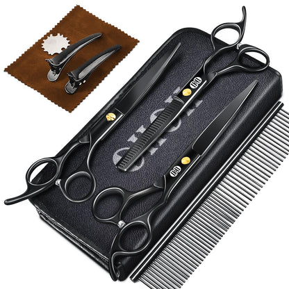 CIICII Dog Grooming Scissors Kit, 7.8 Inch Professional Pet Grooming Scissors Set (Dog/Cat Hair Thinning Trimming Cutting Shears) with Curved Scissor for DIY Home Salon (Heavy Duty-Black-9Pcs)
