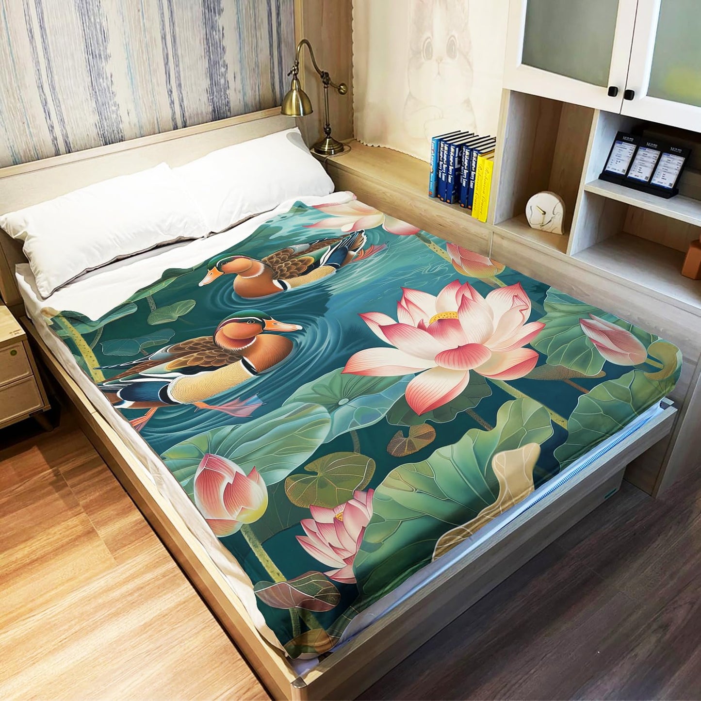 Lotus & Mandarin Ducks Blanket, Traditional Art Home Decor, Super Soft Fleece Throw Blankets for Couch Sofa Bed, 60" x 80"