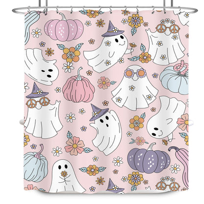 LIGHTINHOME Pink Halloween Shower Curtain 60Wx72H Inches 70s Retro Funny Ghost Y2K Cute Autumn Pumpkin Purple Flower Hippie Groovy Cloth Fabric Waterproof Polyester Bathroom Home Decor Set with Hooks