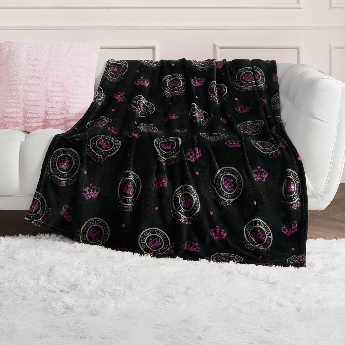 Juicy Couture - Throw Blanket, Juicy Emblem, Plush and Cozy, Decorative Blankets for Sofas, Chairs and Beds, Luxurious and Soft, Chic Home Decor, Measures 50" x 70", Emblem Black