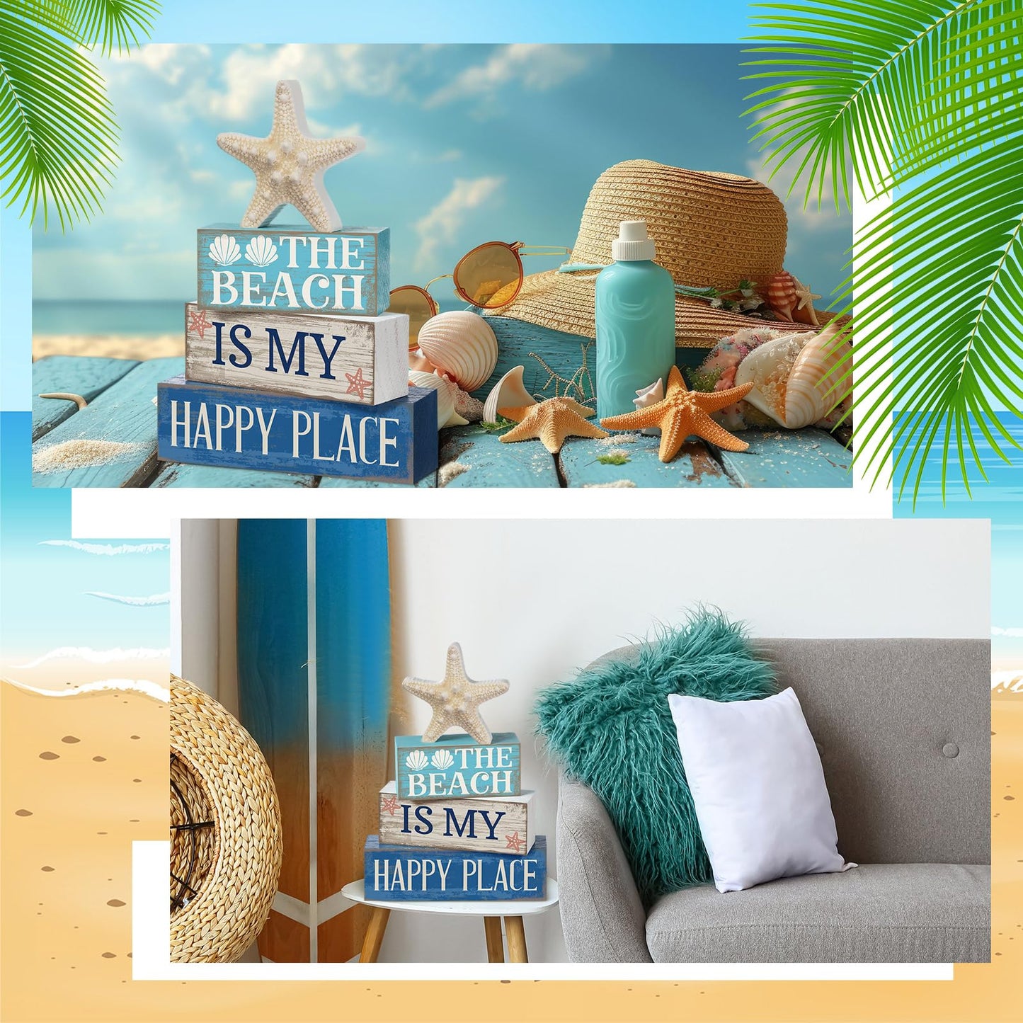Moucuny 4 Pcs Summer Table Decoration Beach Tiered Tray Decor Starfish Coastal Rustic Wooden Block Sign Gifts Blue and White Ocean Centerpieces Farmhouse Beach Nautical Decor for Home Shelf Mantel