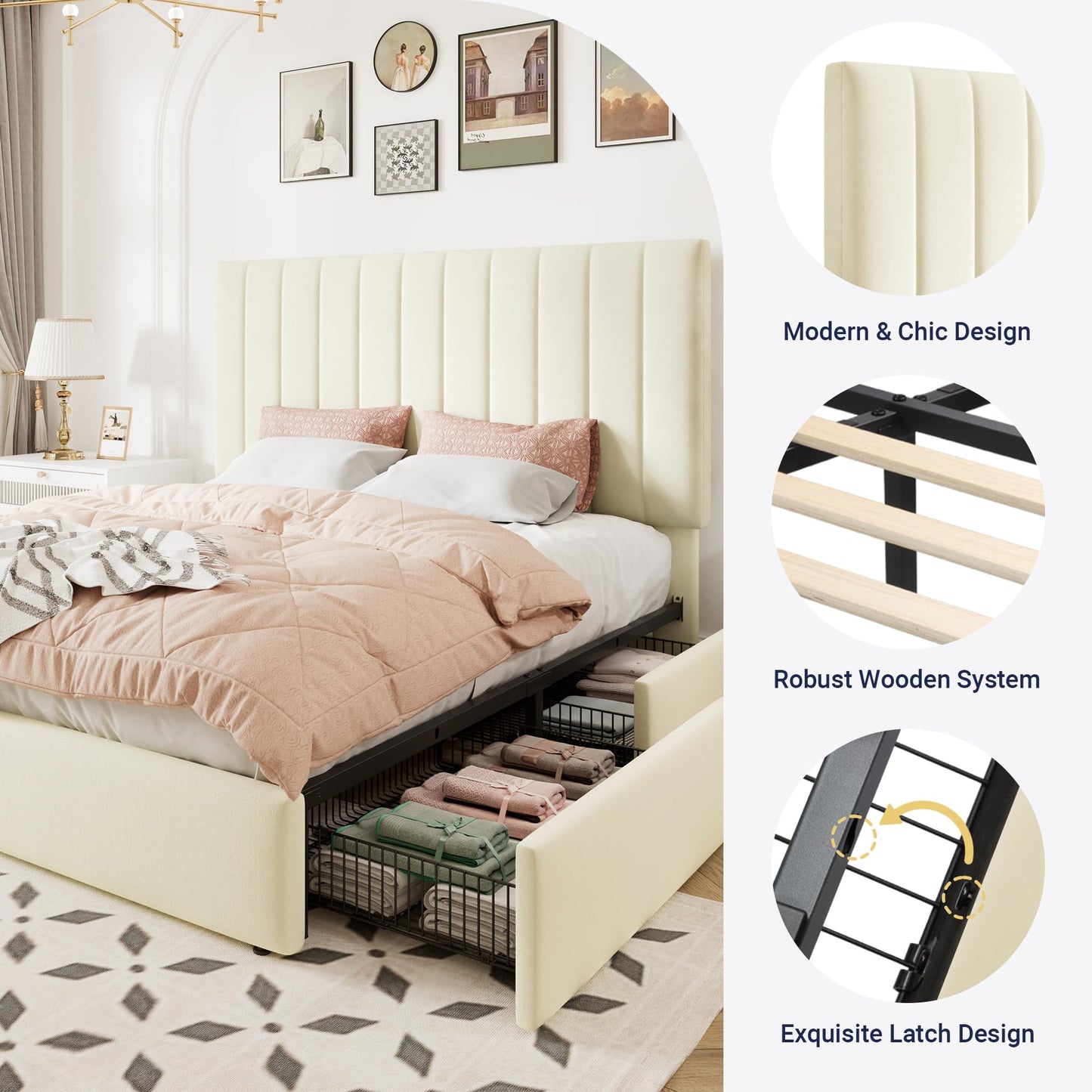 Allewie Full Size Storage Bed Frame, Vertical Channel Tufted Adjustable Headboard, Velvet Upholstered Platform Bed with 4 Oversized Underbed Drawers, Wooden Slats Support, No Box Spring Needed, Cream